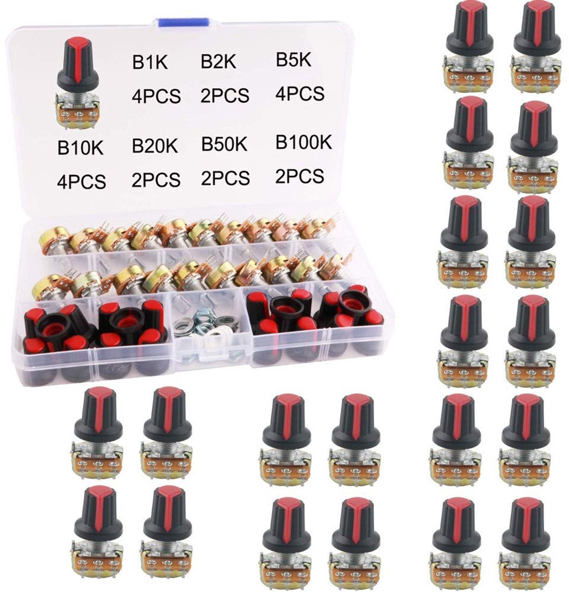 7-Positie Linear Potentiometer - 20K, 2K, 50K, 100K, 1K, 10K, 5K - Met Moeren en Ringen