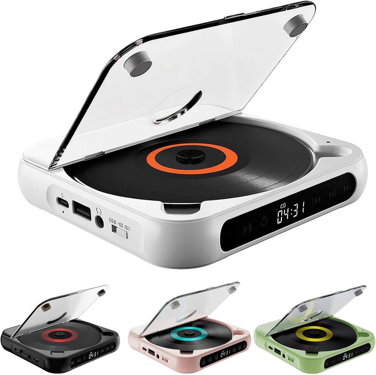Draagbare cd-speler met Bluetooth, oplaadbaar, ingebouwde luidspreker en hoofdtelefoonaansluiting, compact en draagbaar, perfect voor op reis en in de auto - Wit