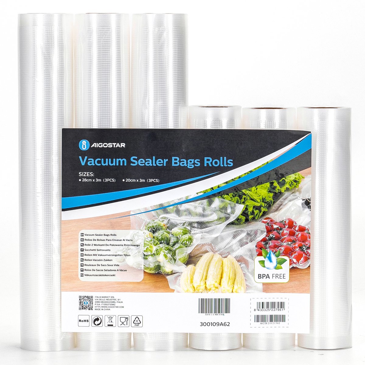 Aigostar Vacuumrollen 6 Stuks - 20 x 300 & 28 x 300 cm - BPA-Vrij - Extra Dik - Vacuumfolie Rollen - Geschikt voor Diepvries, Magnetron en Sous Vide Koken