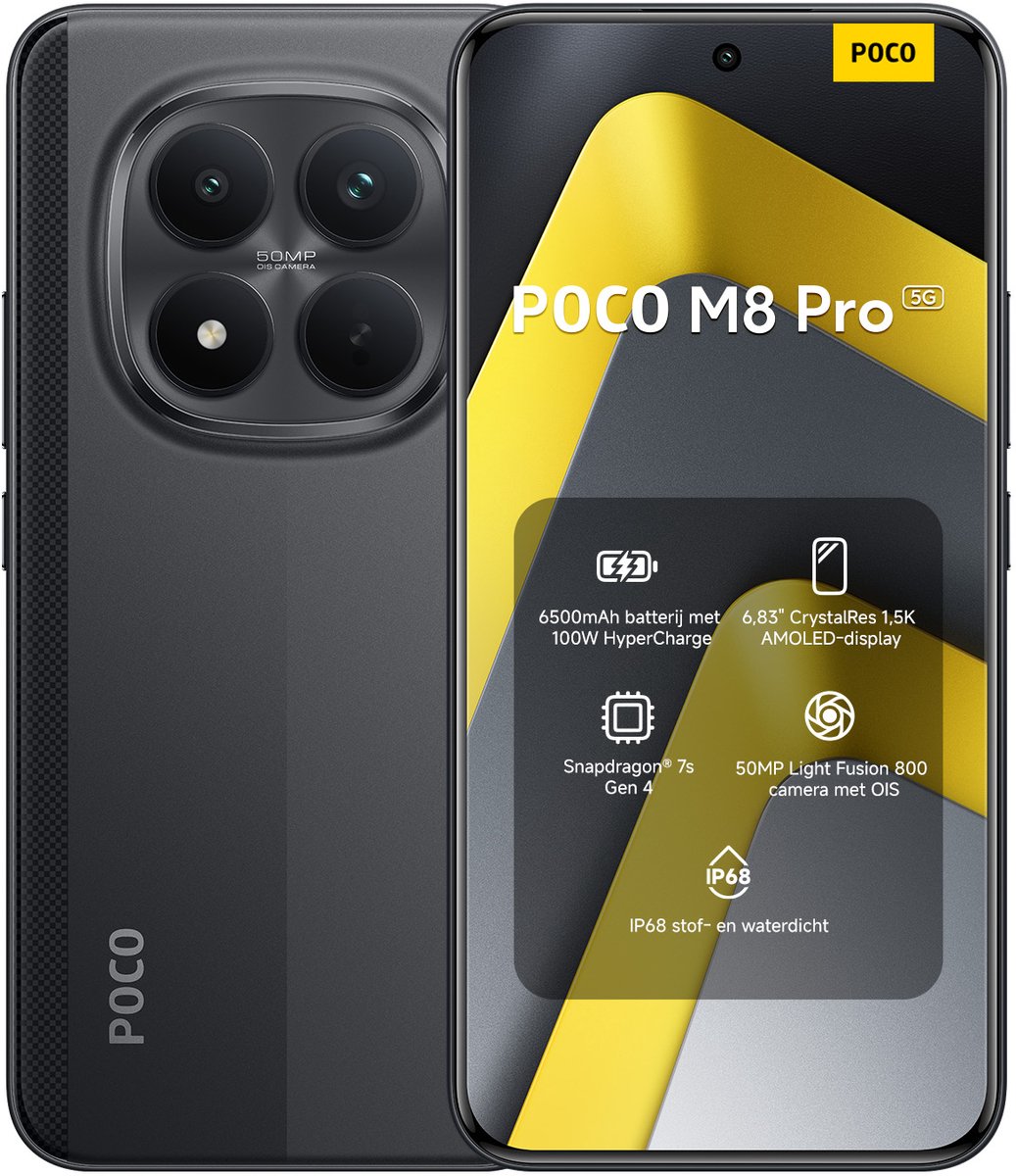 Xiaomi POCO M8 Pro 5G - 12 GB RAM - 512 GB - Zwart - Enorme 6500mAh (typ) batterij - 6,83" CrystalRes 1,5K AMOLED display - Snapdragon® 7s Gen 4