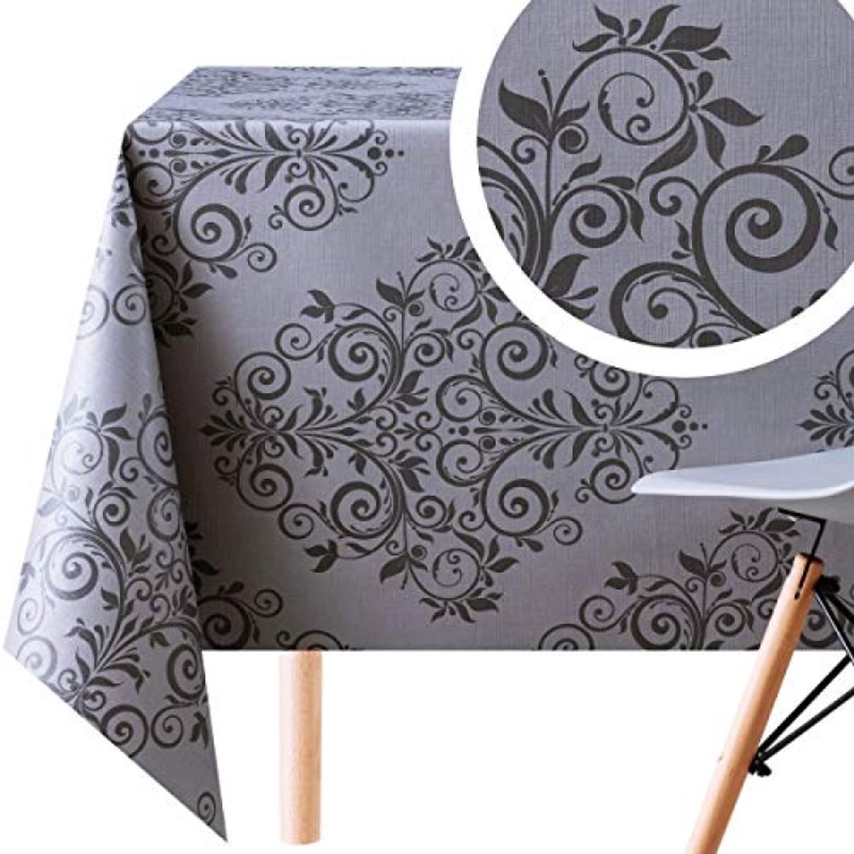 PromoHome Tafelzeil Elegant Barok Damastpatroon 140x200 cm - Zilvergrijs Rechthoekig Waterdicht PVC Tafelkleed