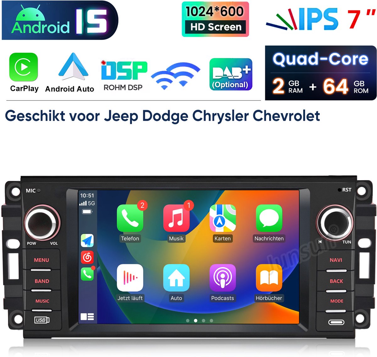 Junsun Autoradio Geschikt voor Jeep CHEVROLET DODGE- Android 15, 2GB+64GB, Draadloze CarPlay & Andriod Auto, DAB+, GPS-navigatiesysteem, Bluetooth, Stuurwielbediening, WiFi, USB, 7-inch Touchscreen, DSP & RDS, Quad-core processor