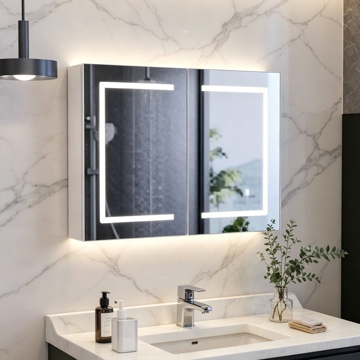 Badkamers piegelkast met verlichting - dubbele deuren - 2 in hoogte verstelbare planken - LED-badkamerspiegelkast -80x13,5x60cm
