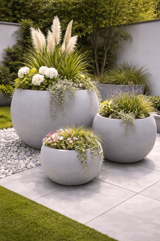 fiberstone bloembak rond 55 betonlook grijs