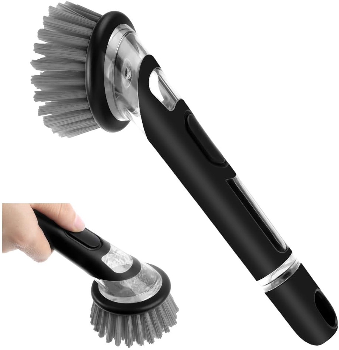 Dailygoods - Zeepdispenser - Afwasborstel met zeepdispenser - Zwart - Reinigingsborstel voor pannen - Duurzaam en krasbestendig - Geschikt voor divers