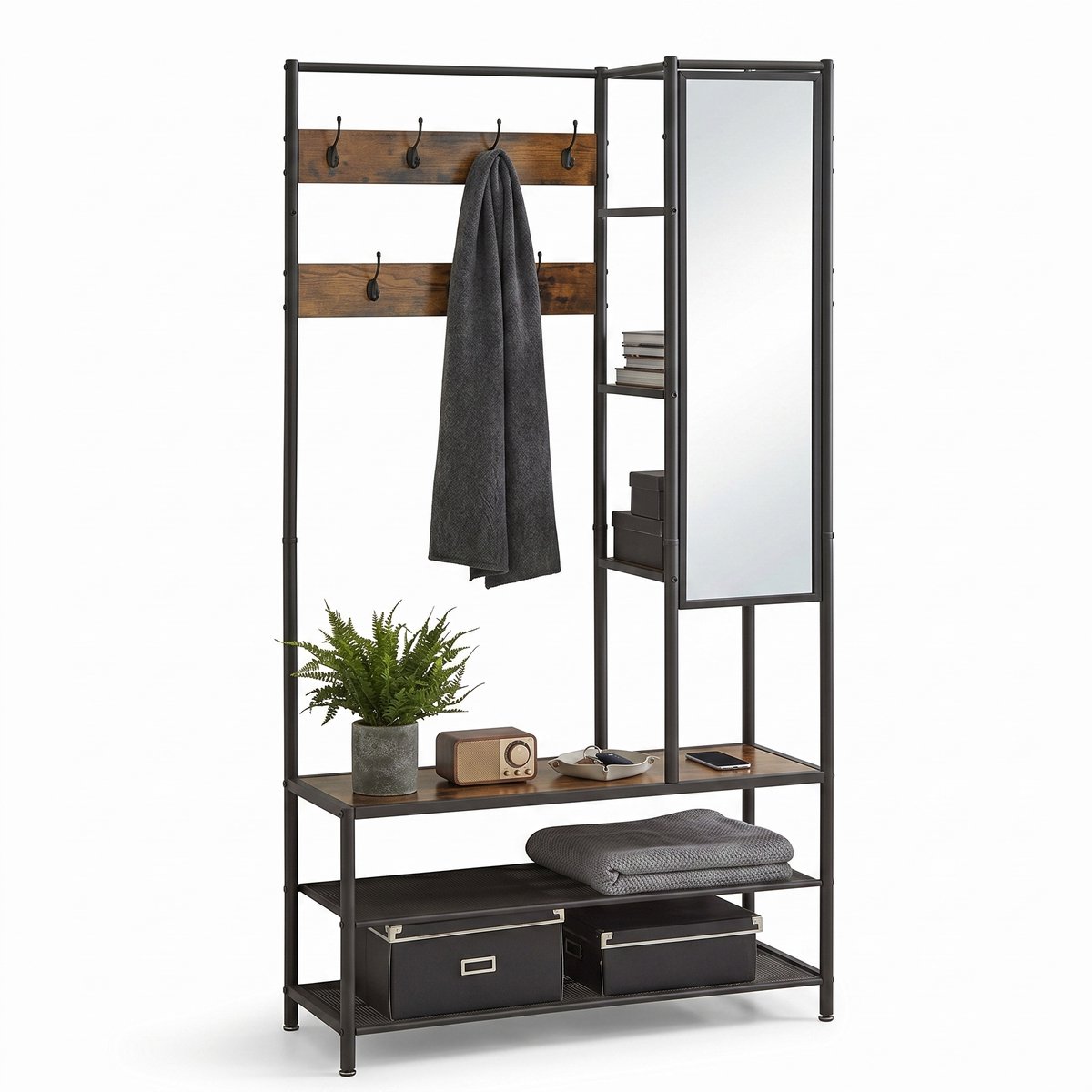 Aiverig® Kapstok met Spiegel & Schoenenrek – Halmeubel & Garderoberek met Zitbank – Industriële Staande Kapstok met 7 Haken & 4 Open Vakken – Voor Hal & Entree – Vintage Bruin & Zwart – 98×35×182 CM