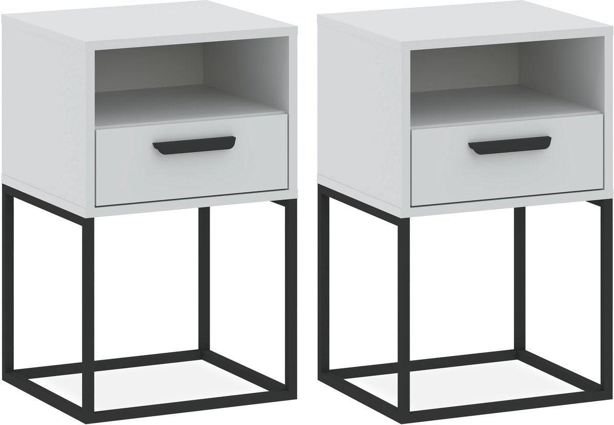 KONSIMO RECTUS Nachtkastje Set van 2 - met lade - met plank - Bijzettafeltjes (2 stuks) - Wit - 40x65x39 cm