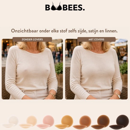 Vrouw met beige coltrui, links zonder en rechts met Boobees voor een egale look.