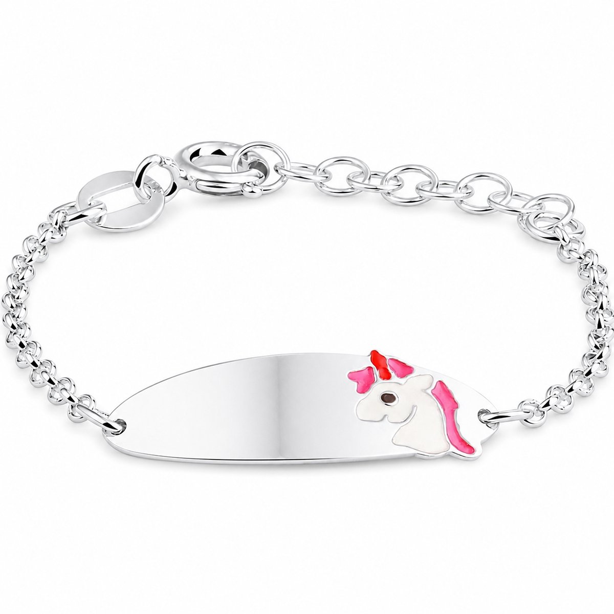 Zilveren kinderarmband met eenhoorn en naamgravure – zilver/emaille armband – graveerarmband voor meisjes