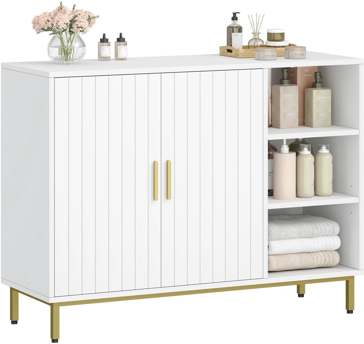 CINK Home® Luxe Badkamerkast Wit met Gouden Accenten – Opbergkast met Deuren & Open Vakken – Vrijstaande Kast voor Badkamer, Hal of Woonkamer – 100 x 35 x 75 cm