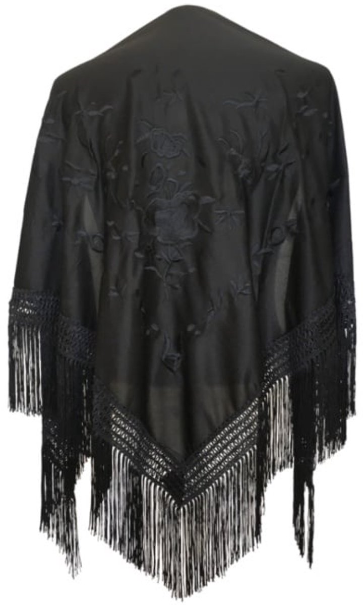 La Señorita - Spaanse manton - omslagdoek – zwart Large met zwarte bloemen