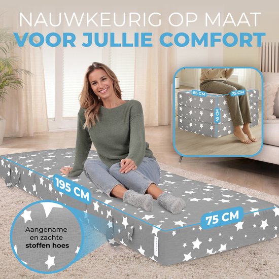 Uitgevouwen grijze matras met witte sterren, afmetingen 195 x 75 cm, met comfortabele stoffen hoes.
