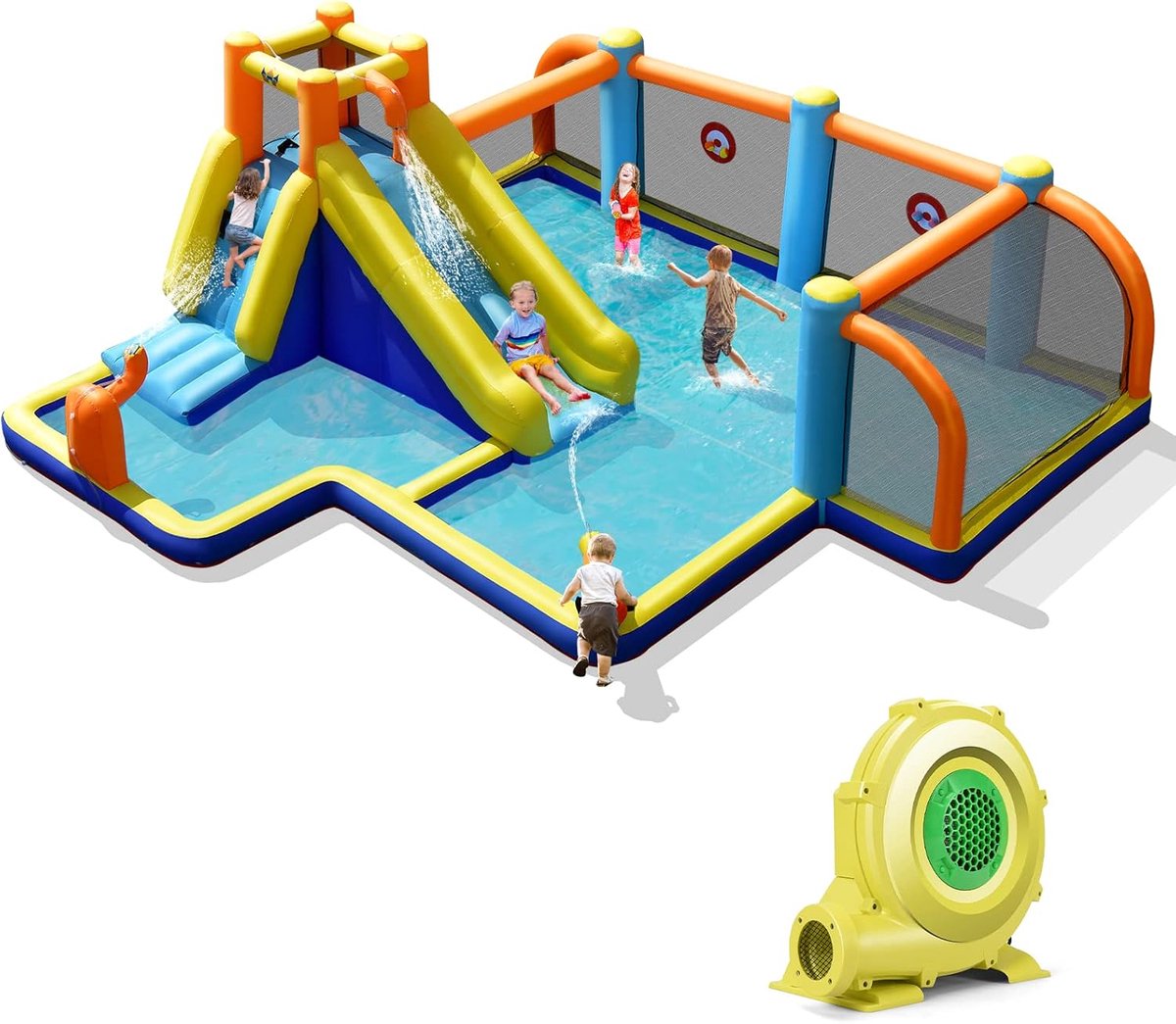 COSTWAY Opblaasbaar springkasteel met ventilator, waterglijbaan, kinderbadje, voetbalzone, klimwand, twee waterkanonnen en doelspel, speelzwembad 500 x 465 x 200 cm