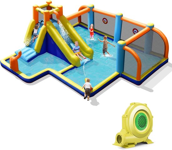 NuvlaGu Château gonflable avec ventilateur, parc aquatique multifonctionnel, avec toboggan aquatique, mur de basket-ball, mur d' escalade, château de saut gonflable pour jardin, 460×343x190cm