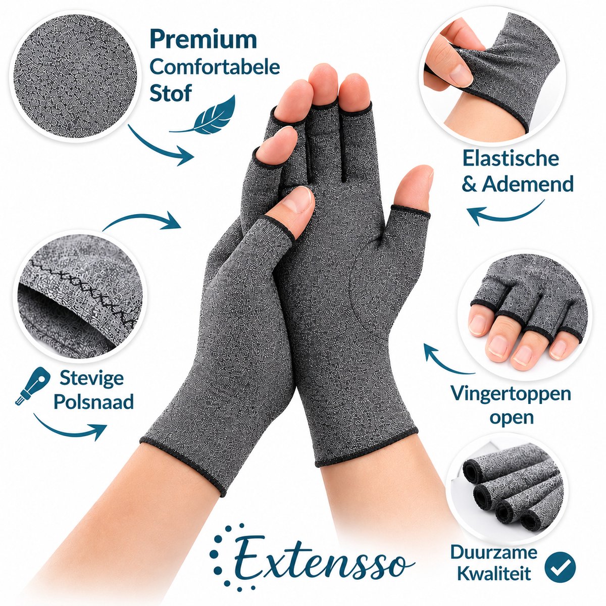 Therapeutische handschoenen | Extensso® | kleur: Grijs | Maat: M | De enige echte | Compressie Handschoenen | 88% cotton, polyester, 12% spandex