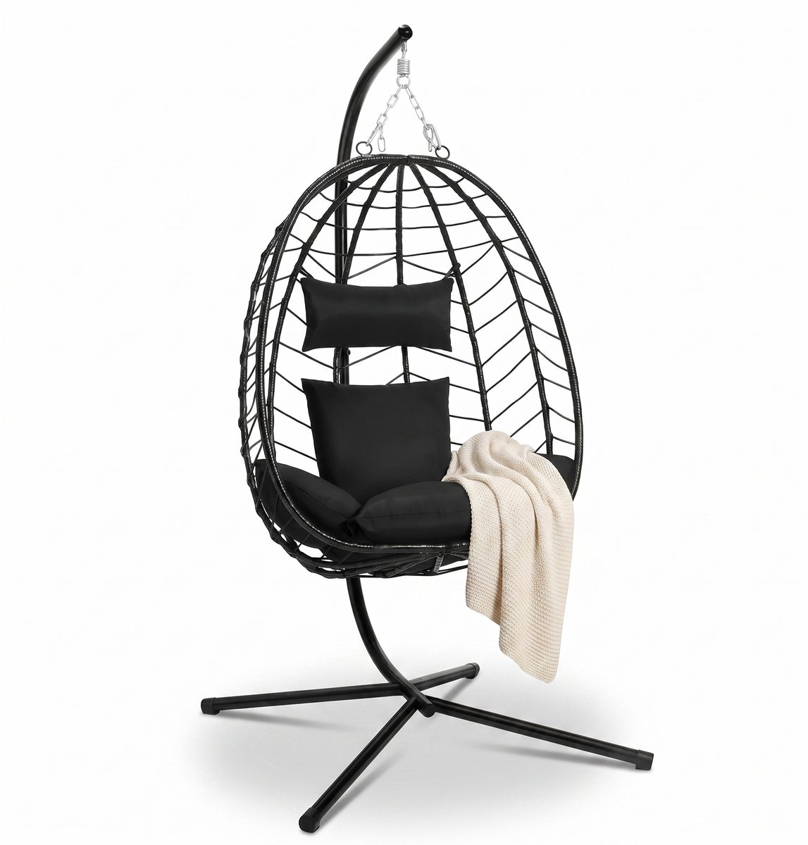 Aiverig® Hangstoel met Standaard – Ei Stoel, Egg Chair & Egg Hangstoel – Voor Binnen en Buiten – Hangende Loungestoel 150 kg Draagvermogen – Inclusief Kussens en Hoofdsteun – Voor Tuin, Balkon en Woonkamer – Zwart – 196 CM Hoog