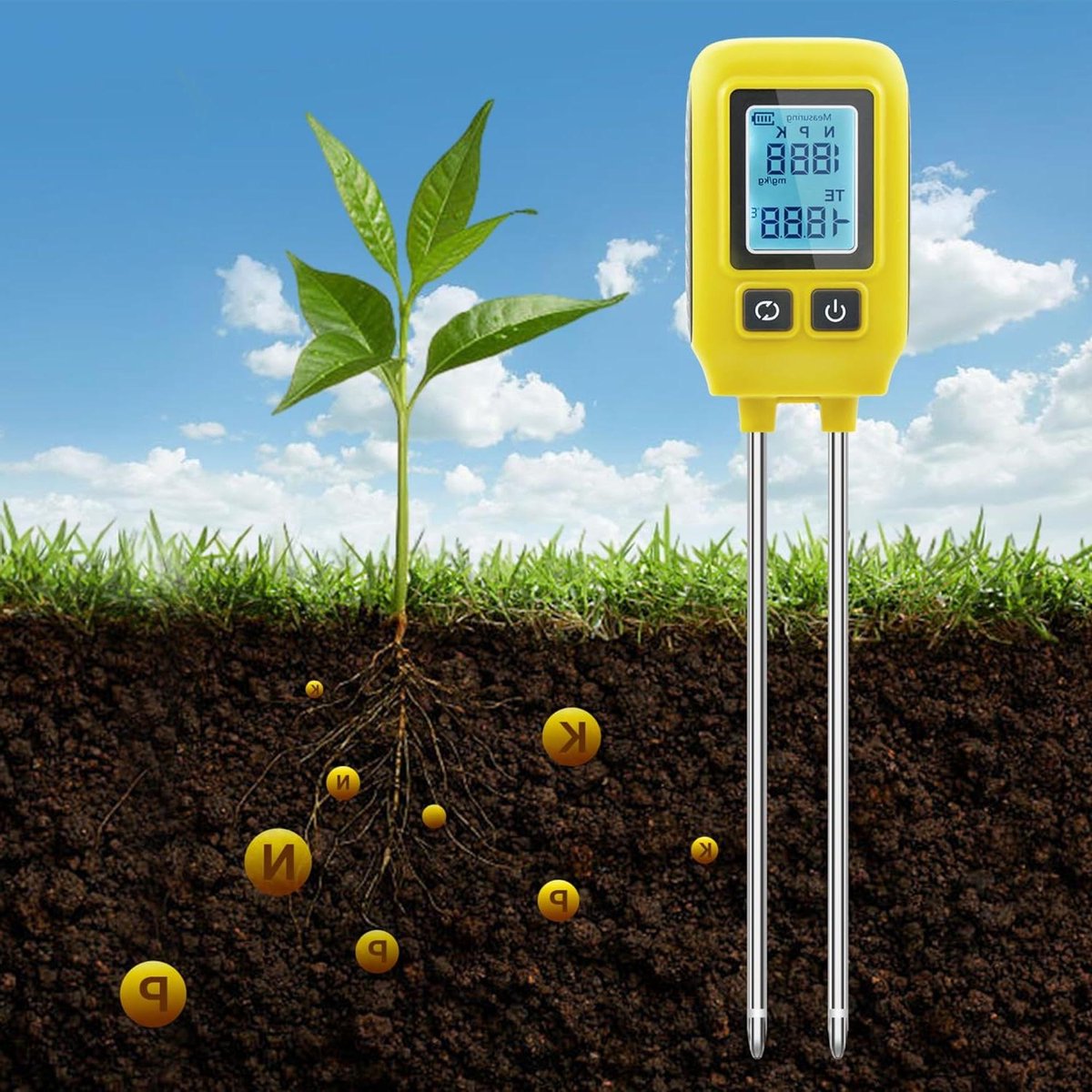 Bodemmeter 4-in-1 - Bodemtester NPK - Plantenverzorging - Roestvrijstalen sonde - 30.6 cm - Groen