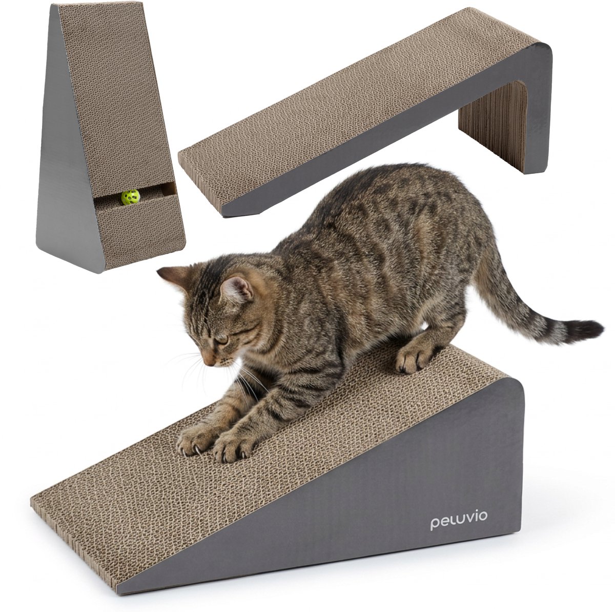 PELUVIO trilo - driehoekige kartonnen krabplank voor katten - zacht voor delicate nagels - modulaire krab-, speel- en rustplek - golfkarton design met speelballetje - lichtgewicht & ruimtebesparend - modern minimalistisch design