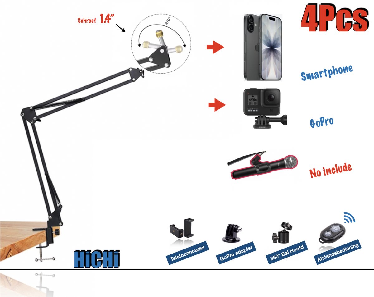 HiCHi® Smartphone Tripod - Smartphone Standaard - Tablet Statief – Microfoonstandaard – Podcast - Flexibele Telefoonhouder met Klem - webcam - Microfoon - Telefoonhouder Arm 4Pcs
