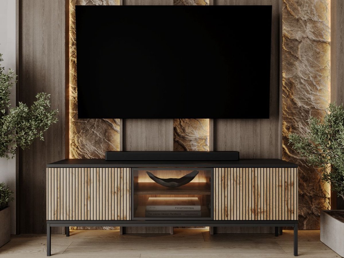 GrainGold – TV-Meubel Deo – Mat zwart - Met Deuren en Ledverlichting - Moderne Opbergruimte - 154 cm