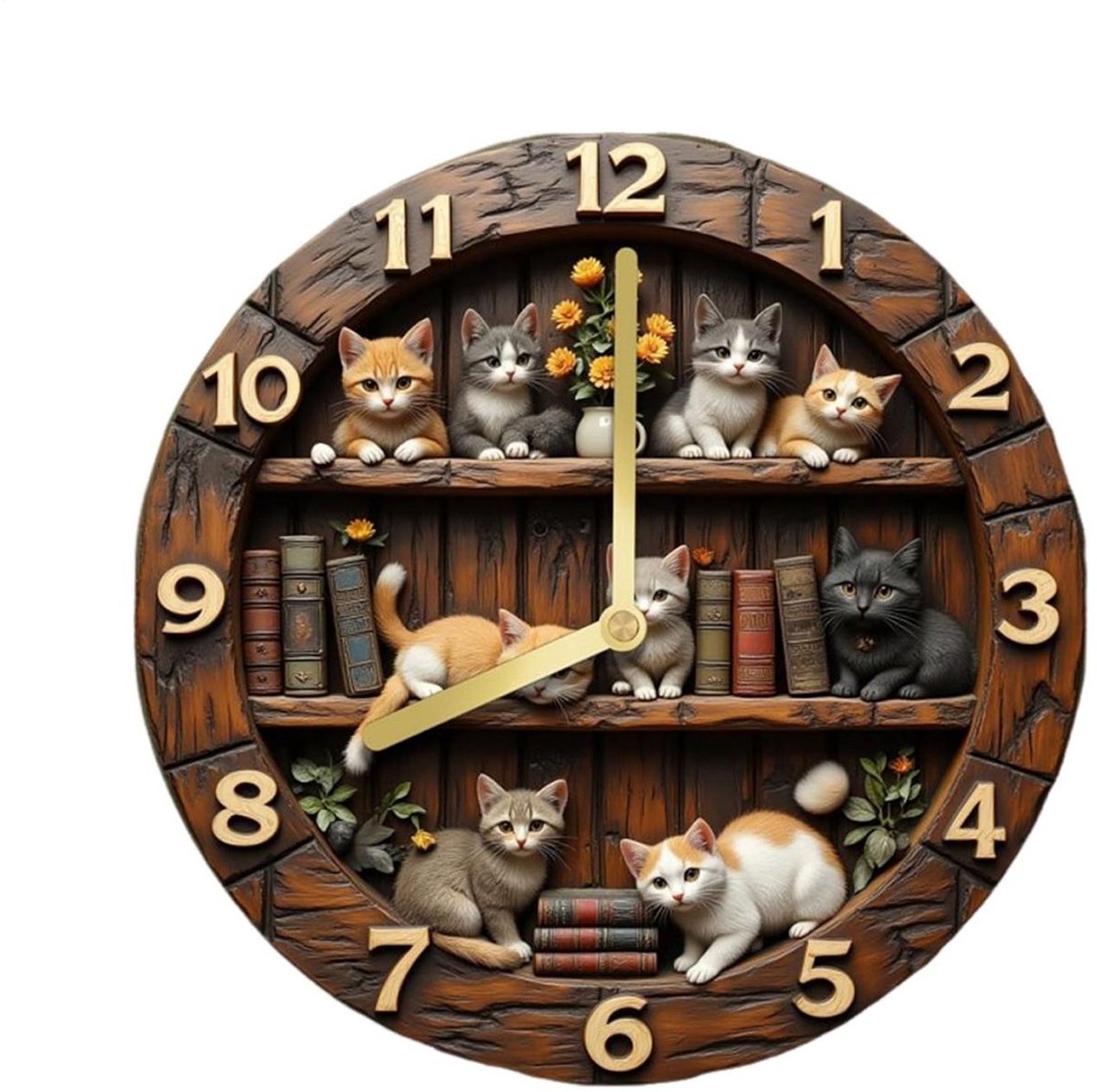 longziming -Wanduhr Met Kattemotief - Vintage Houtnerf - Stil Sweep Mechanisme En Groot 30 Cm Zifferblad - 1 Stuk - Neutraal Bruin