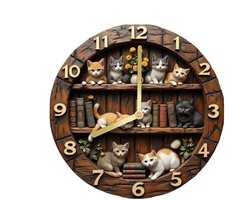 longziming -Wanduhr Met Kattemotief - Vintage Houtnerf - Stil Sweep Mechanisme En Groot 30 Cm Zifferblad - 1 Stuk - Neutraal Bruin