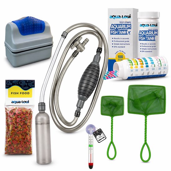Aqua-Loui® - Aquarium Starterset - Complete Onderhoud Kit - Thermometer, Water Teststrips, Schepnet Set (2 stuks), Algenmagneet & Premium Stofzuiger + Visvoer 250ml