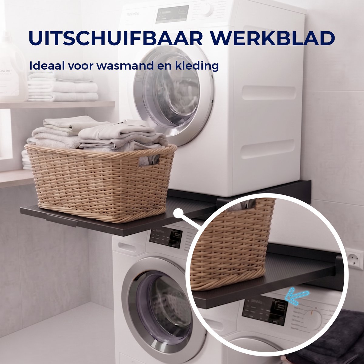 ProductXpert Stacko™ - Stapelkit - Tussenstuk - Uitschuifbare Plank met Handdoekhouder - Wasmachine en Droger - Zwart - Antislip — afbeelding 5