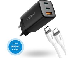 Voomy USB C Adapter – 65W Snellader met Oplaadkabel – 2 USB C & 1 USB A Poort – Oplader Universeel voor Laptop, telefoon, tablets en meer – USB C Lader – Zwart