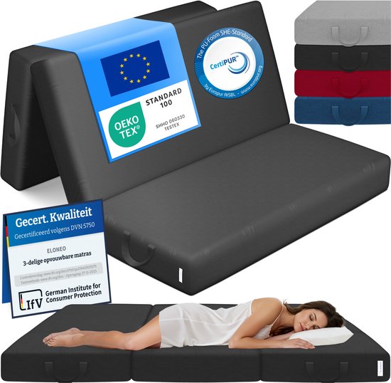 ELONEO Opvouwbaar Matras - 3-Delig Vouwmatras, Extra Dik 15 cm Schuim, Wasbaar en Draagbaar Logeermatras voor Volwassenen, Tweepersoonsbed (Zwart, 140 x 195 x 15 cm)