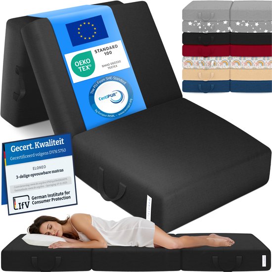 ELONEO Opvouwbaar Matras - 3-Delig Vouwmatras, Extra Dik 15 cm Schuim, Wasbaar en Draagbaar Logeermatras voor Volwassenen, Eenpersoonsbed (Zwart, 90 x 200 x 15 cm)