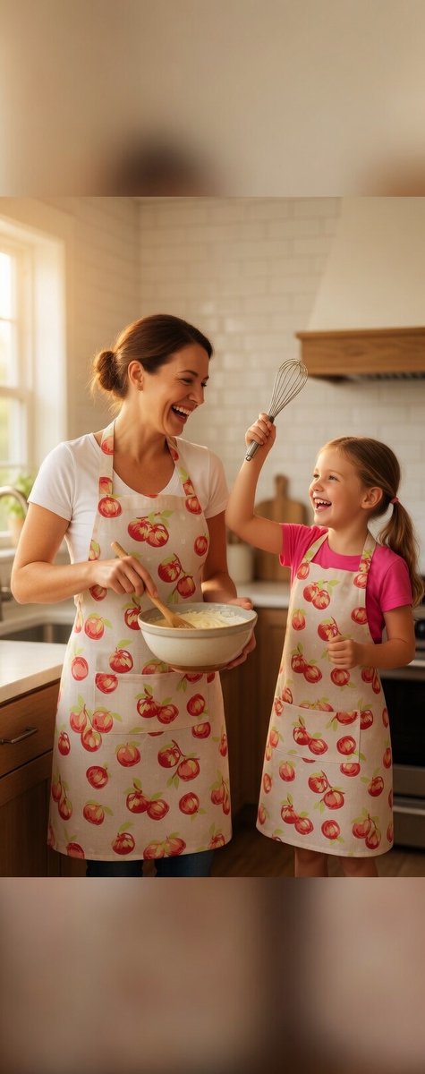 Schorten Set Moeder en Kind - Mini & Me Keukenschorten -Volwassen + Kinder Schort - Appel - Aprikoos