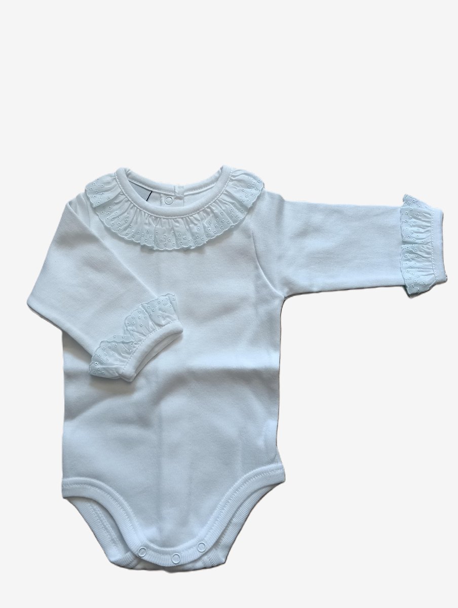 Babidu Romper/Body | Wit | Lange mouw | schattig geborduurd ruche langs de hals en mouwen | wit met lichtblauw | 1191| 0 maand| maat 50