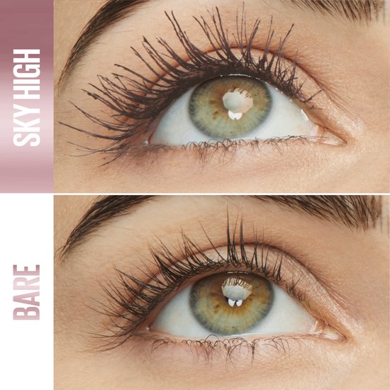 Voor en na foto van een oog met mascara: 'SKY HIGH' toont lange, volle wimpers, 'BARE' toont onopgemaakte wimpers.