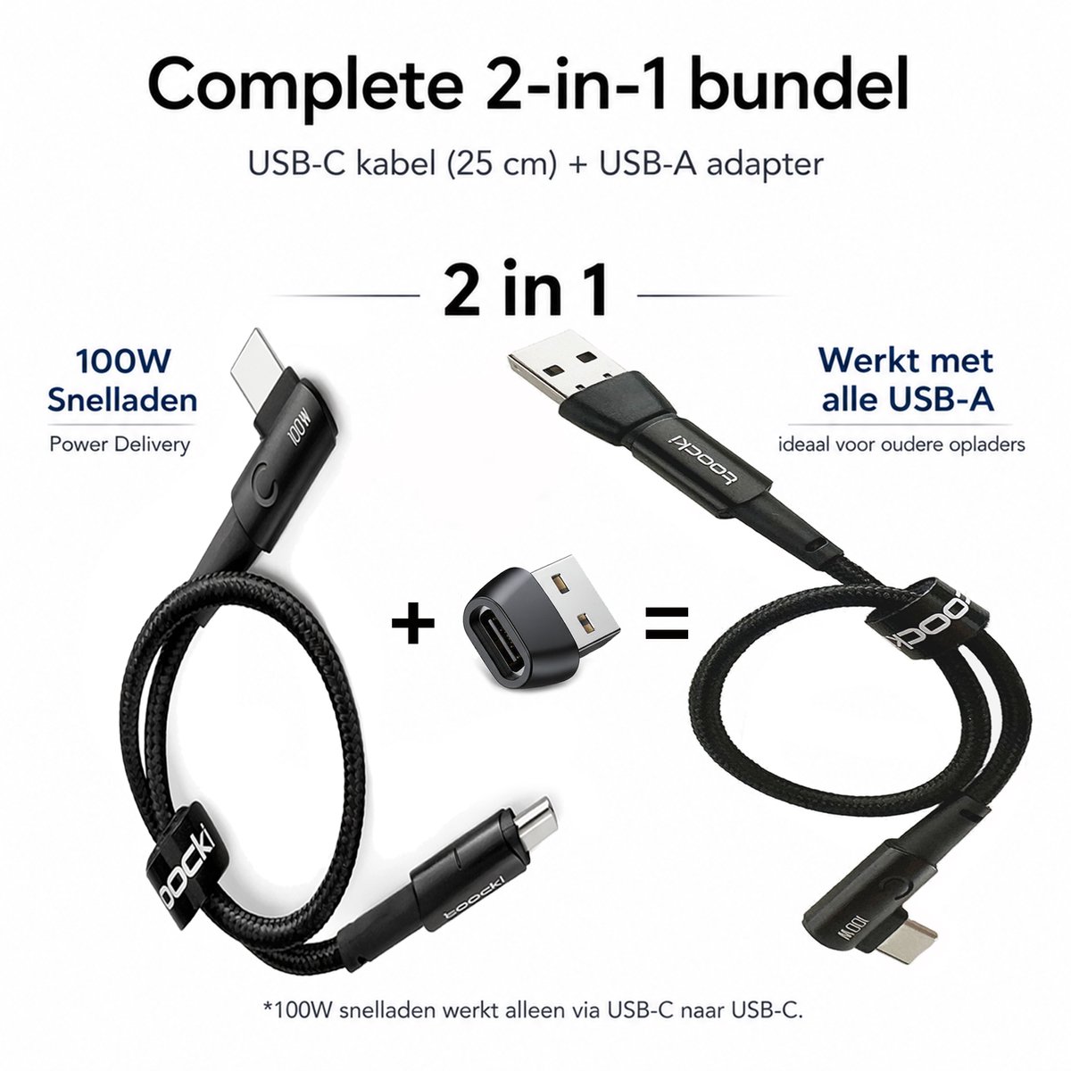 USB-C 100W snellaadkabel 25cm haaks + recht + USB-A naar USB-C adapter 2-in-1 set voor iPhone 15/16/17, Samsung, MacBook - Afbeelding 2