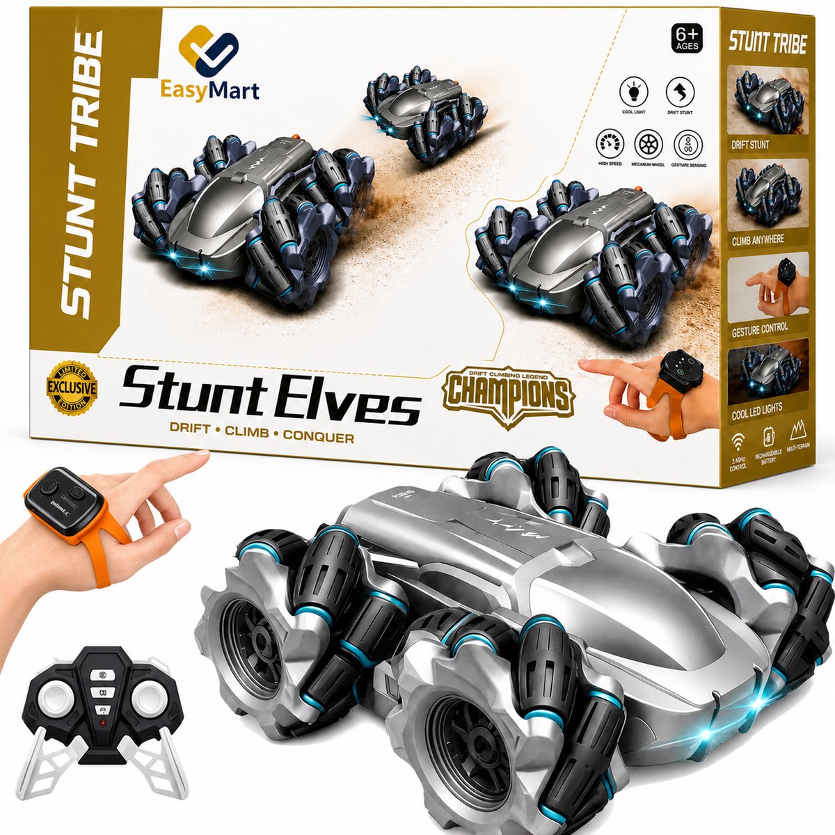 EasyMart RC Stunt Auto Zilver met Horloge Controller – 360° Drift Auto – Oplaadbaar – Afstandsbediening – LED Licht – Gebarenbesturing – 2.4GHz – Speelgoed 6+