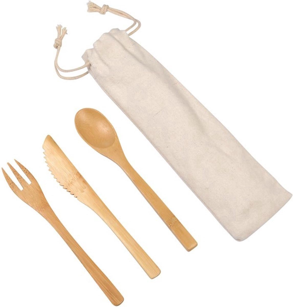 Okado Bamboe Bestekset 3-delig – Herbruikbare Bestekset met Vork, Mes, Lepel en Katoenen Zakje – Camping Bestek voor BBQ, Picknick, Strand en Onderweg – Beige