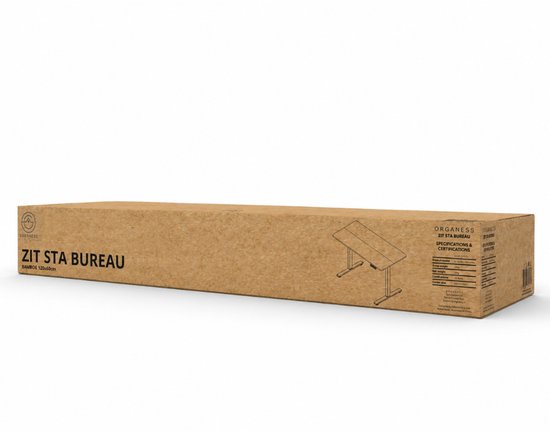 Bruine kartonnen verpakking van een Organess zit-sta bureau.