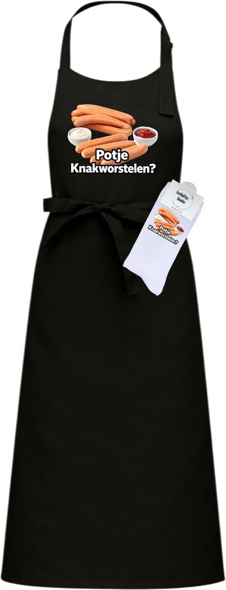 Luxe Hobby Keukenschort en sokken met tekst - Cadeau set - Knakworstelen - Pensioen cadeau - Zwart - Verstelbaar - Cadeau idee - Verjaardag cadeau - Cadeau dames en heren - Moederdag - Vaderdag - Afscheid - Kerst cadeau - Grappig cadeau - Onesize