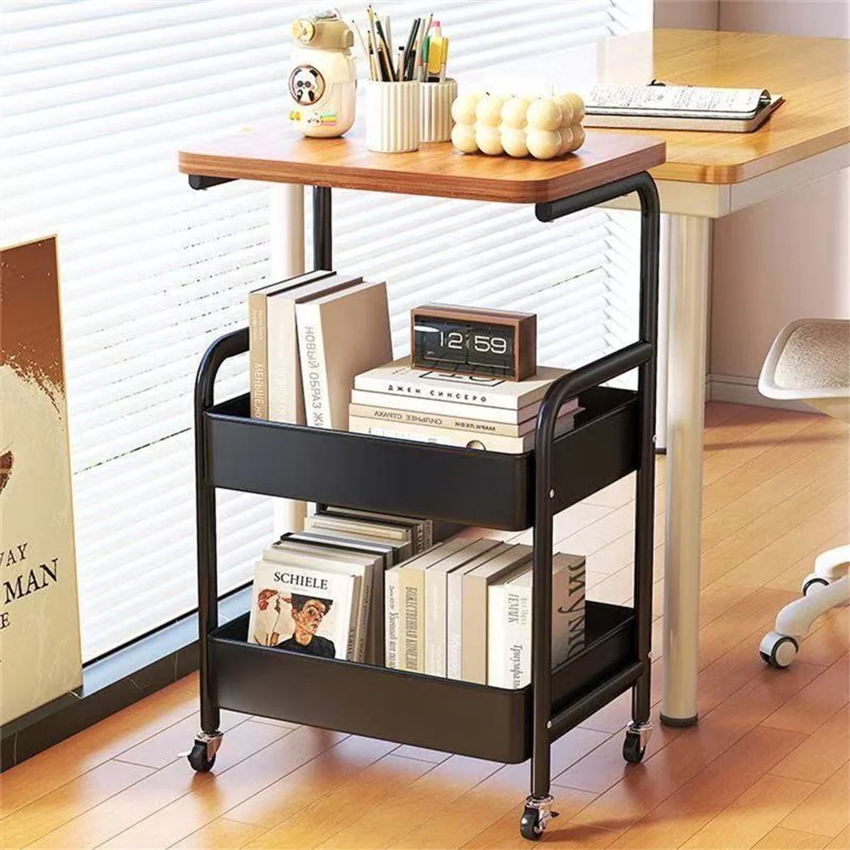 LeeuwenChoice® Opbergrek Op Wielen - 3 Laags - Zwart Metaal - Met Houten Blad - 42x29x77cm