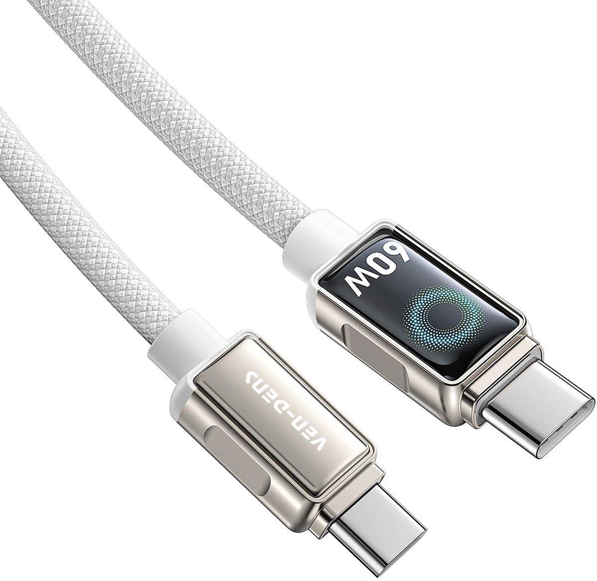 Ven-Dens 60W snelladen premium 1M witte Type-C naar Type-C gevlochten datakabel van zinklegering