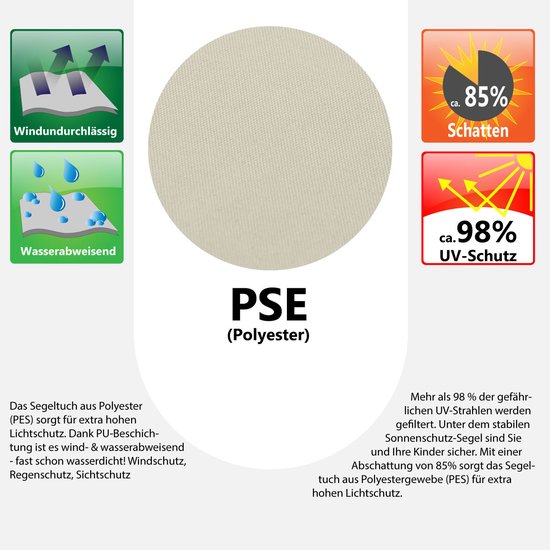 Crème polyester schaduwdoek, winddicht, waterafstotend, met 85% schaduw en 98% UV-bescherming.