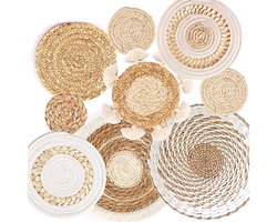 9-Piece Boho Wandmandenset - Handgemaakte Seagrass & Rattan Muurdecoratie - Decoratieve Ronde Wandmanden voor Woonkamer, Slaapkamer & Hal - Bohemian Wandhangers - Natuurlijk Design - Beige & Hout