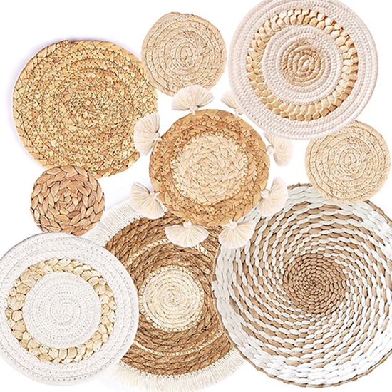 Set de paniers muraux bohèmes de 9 pièces - Décoration murale en herbes marines et rotin faite à la main - Paniers muraux ronds décoratifs pour salon, chambre et couloir - Suspensions murales bohèmes - Design naturel - Beige et bois
