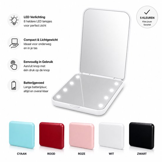 Wit opvouwbaar make-upspiegeltje met 8 led-lampjes. Verkrijgbaar in cyaan, rood, roze, wit en zwart.
