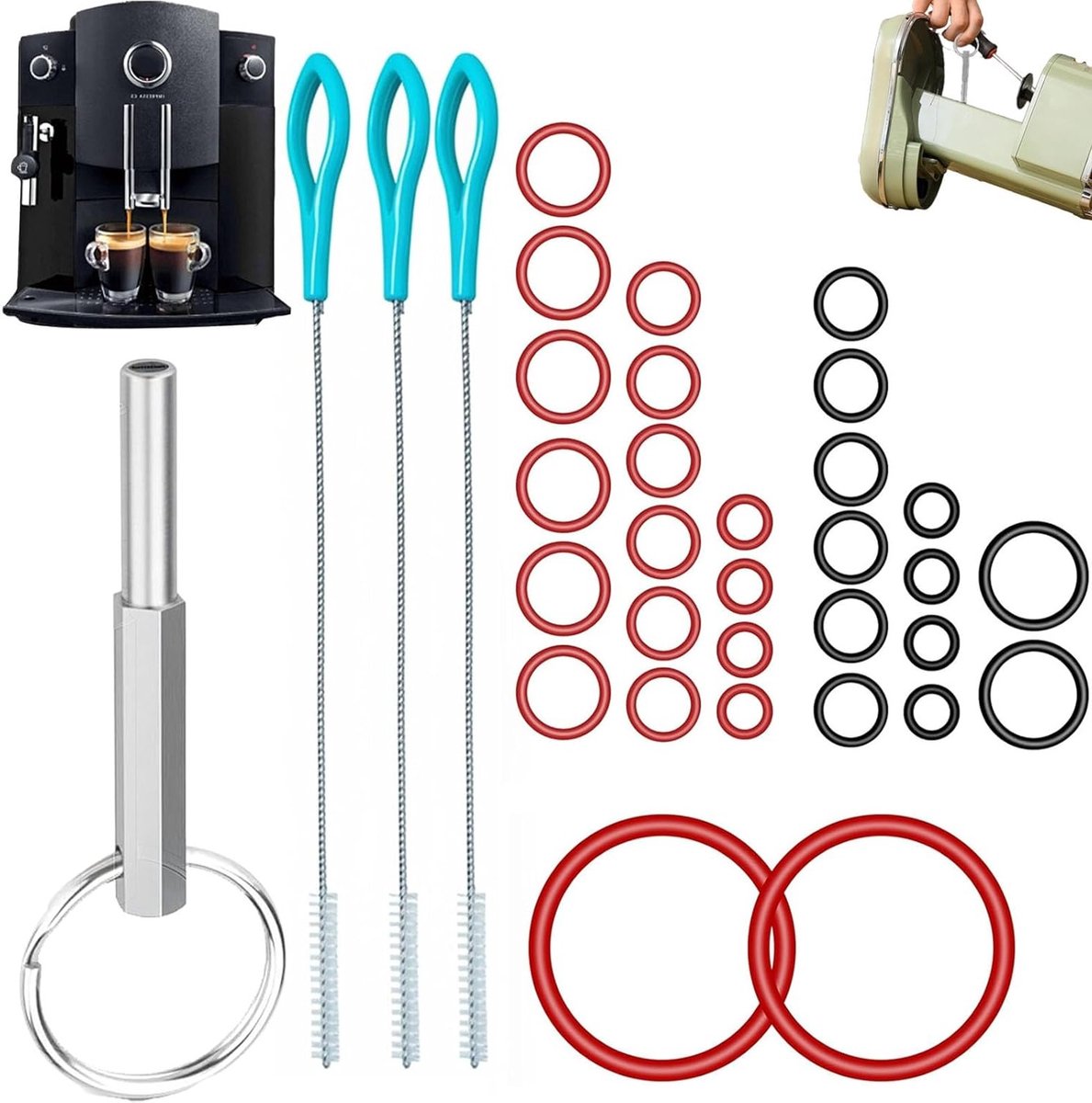 Ovale kopsleutel met sleutelring 60-delige set met O-ringen en reinigingsborstels voor koffiezetapparaat onderhoudsset voor koffie universeel gereedschap en accessoires