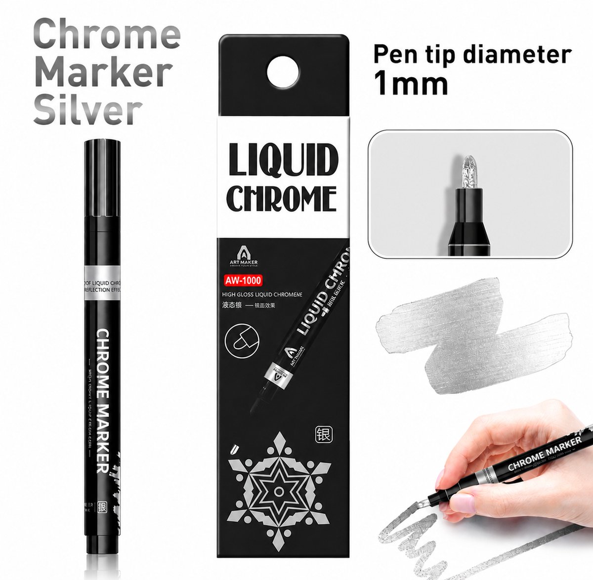 TLVX Zilveren Chrome Marker / Permanente Chrome Markeer Stift Zilver / Glas / Rubber / Metaal / Papier / Kunststof / Permanente marker pen voor Auto / Motor / Scooter / Fiets / E-Bike / Fatbike / Hobby / Bandenstift / Silver Spiegel Chroom Waterproof