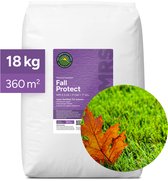 18 kg zak 'Fall Protect' gazonmeststof, 360 m². Een herfstblad ligt op het gras.