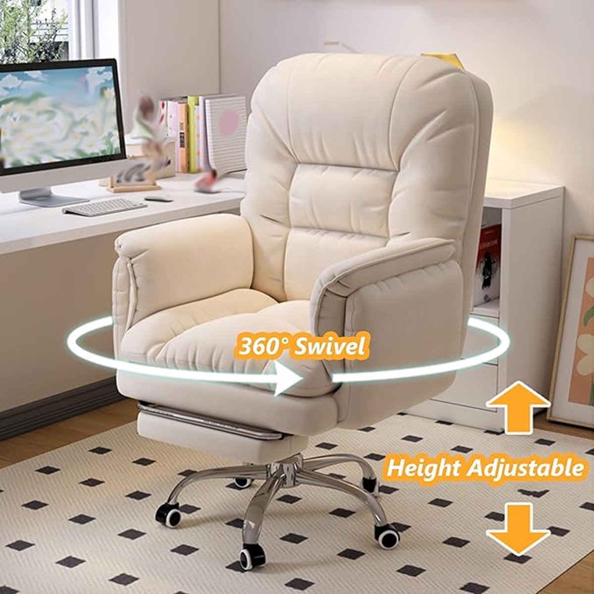 Ergonomische 360° Draaibare Bureaustoel met Verstelbare Hoogte, Kantelfunctie, Gepolsterde Rugleuning en Optionele Voetensteun – Comfortabele Home Office & Gaming Stoel