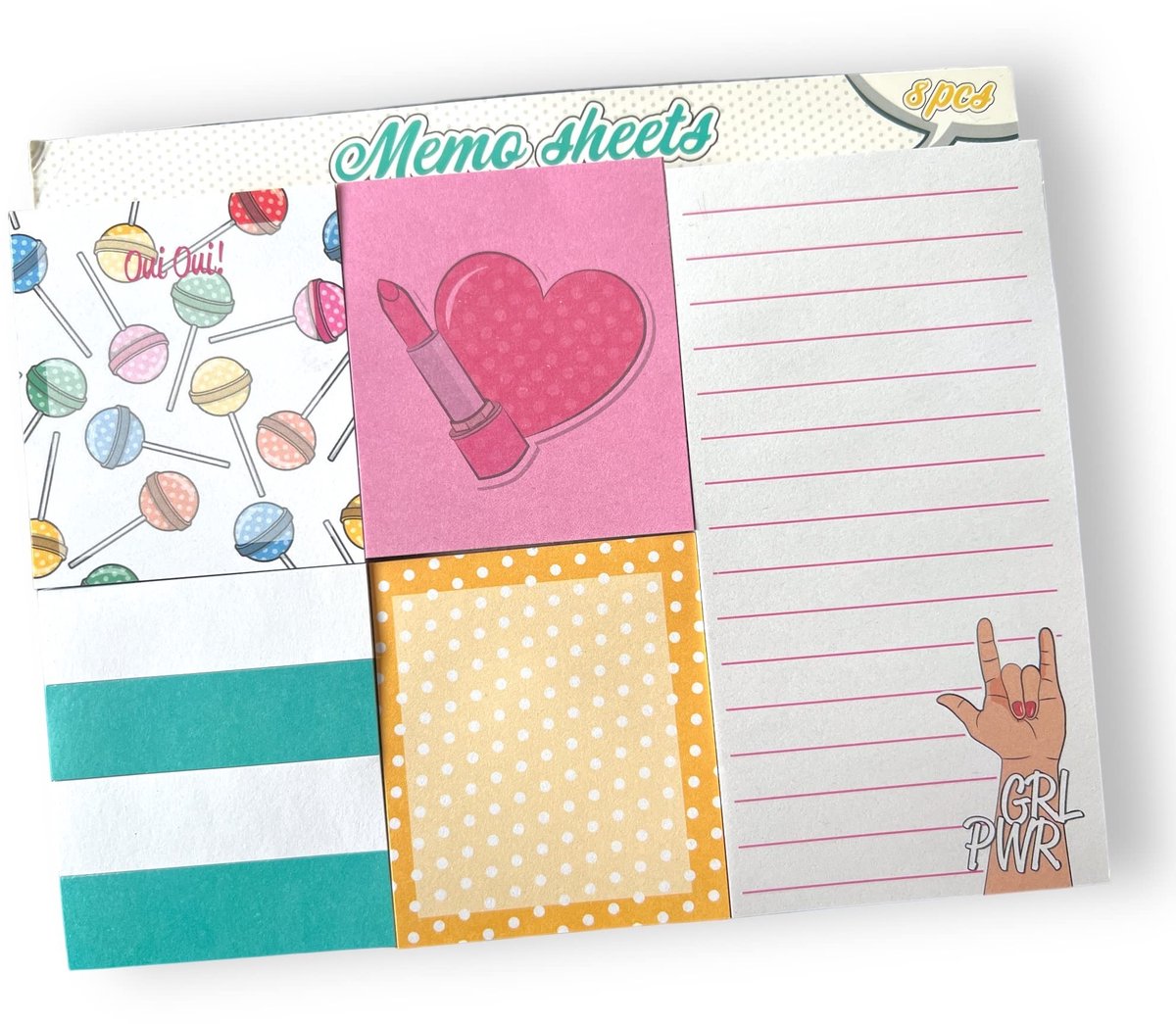 Allecto - Zelfklevende memovellen - Notitieblaadjes - Lollipop Girly Design - Neonkleuren - Set van 8 blokken - Perfect voor notities en lijsten